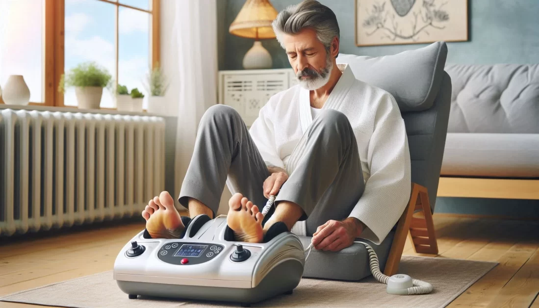 a 50-year-old man using Foot Massager in a well-decorated home with a dog sitting on the side