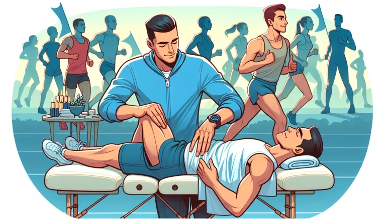 Illustration of athletes receiving relaxation massage before a sport event, specifically a marathon, focusing on muscle massage