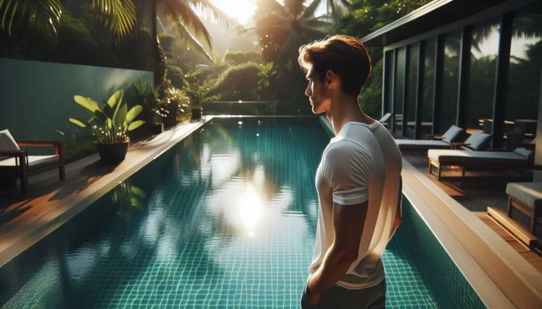 A person standing at the edge of a crystal-clear swimming pool, gazing into the water with a contemplative expression. The sun is shining, casting a gentle shimmer across the pool's surface, and lush greenery surrounds the pool area, creating a tranquil setting.