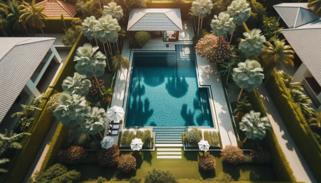 a swimming pool in a home garden.