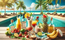 A vibrant scene featuring a hot tub surrounded by palm trees, fresh pineapple, and a colorful umbrella. A Piña Colada rests on the edge of the glass.