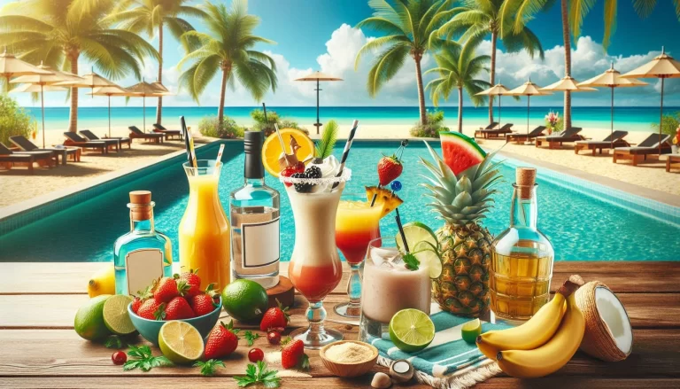 A vibrant scene featuring a hot tub surrounded by palm trees, fresh pineapple, and a colorful umbrella. A Piña Colada rests on the edge of the glass.