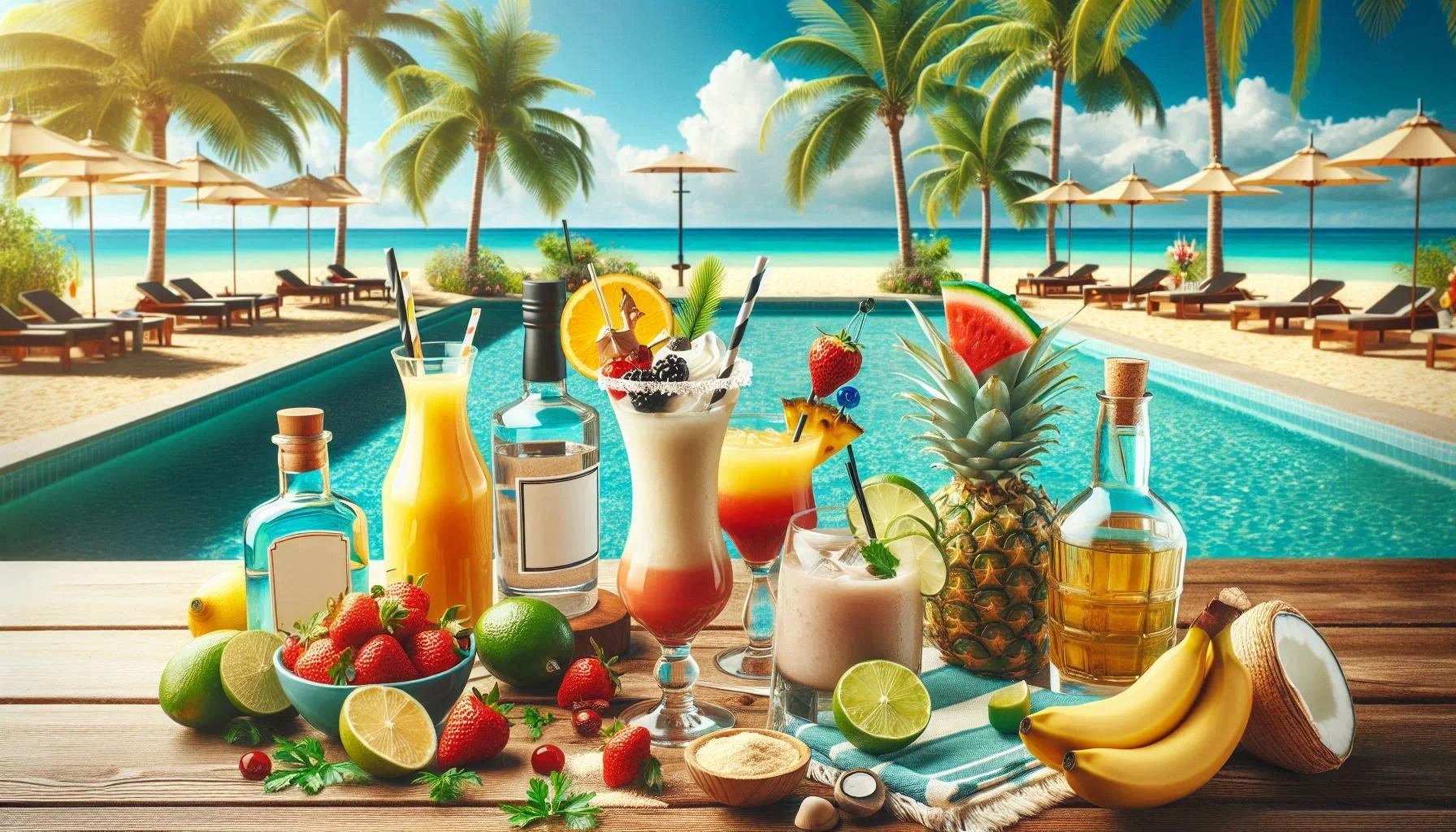 A vibrant scene featuring a hot tub surrounded by palm trees, fresh pineapple, and a colorful umbrella. A Piña Colada rests on the edge of the glass.