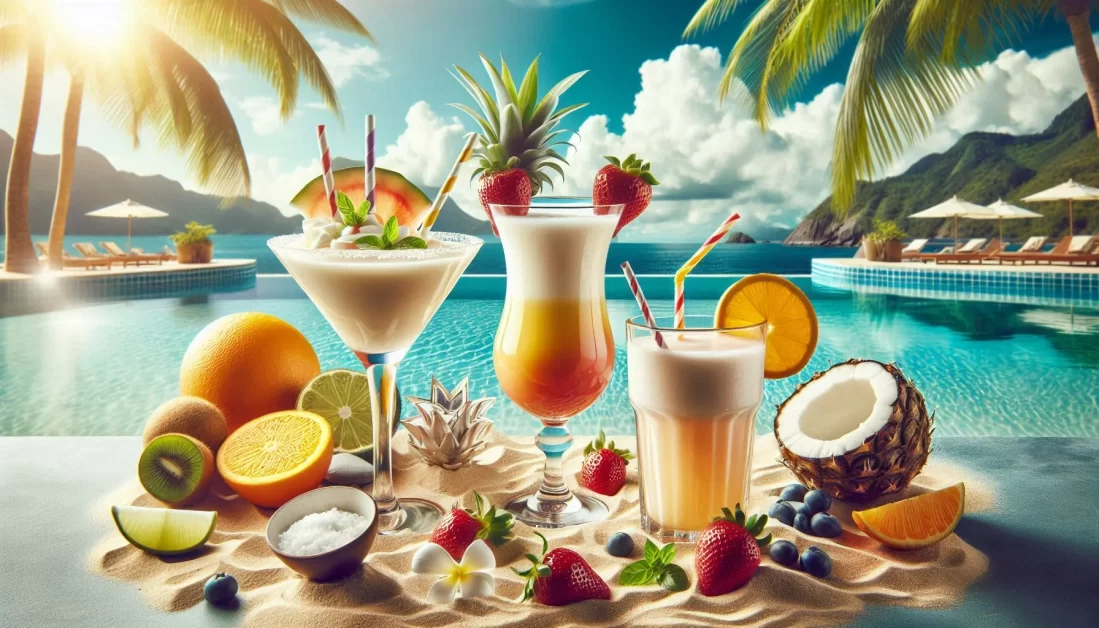 A blissful tableau of tropical drinks, including Piña Coladas and Daiquiris, set against a backdrop of sunny skies, sandy beaches, and a serene hot tub scene.