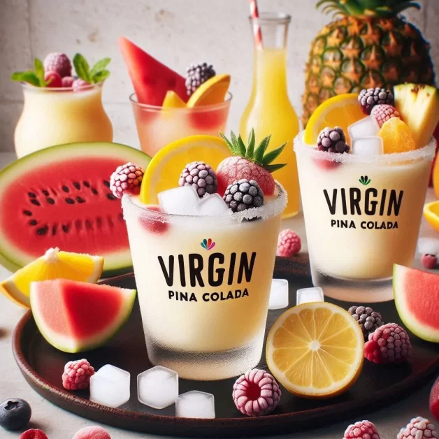 A vibrant display of non-alcoholic beverages, featuring a “VIRGIN Pina Colada” at the center, garnished with blackberries and raspberries, and surrounded by a colorful selection of fresh fruits including watermelon, pineapple, lemon, and orange slices.