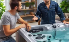 A man conversing with a hot tub expert, discussing troubleshooting techniques to resolve a problem.