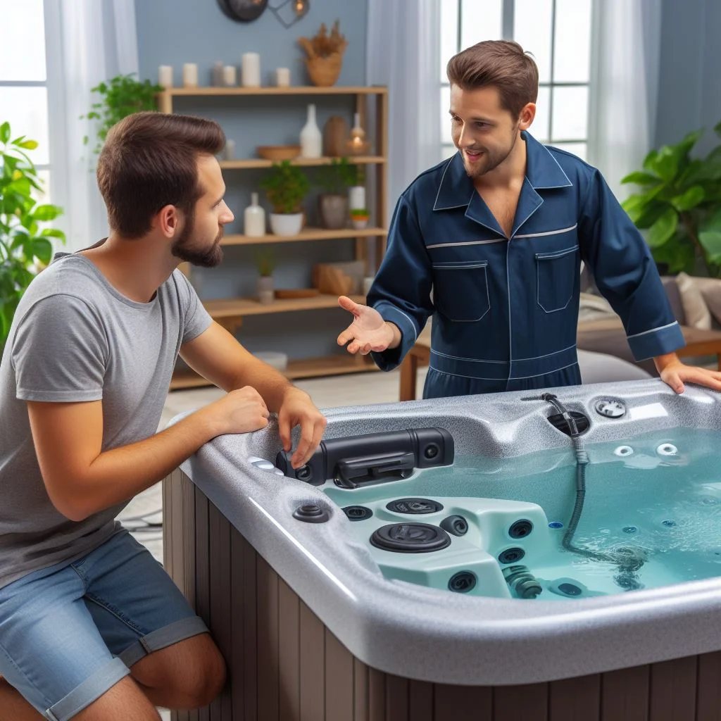 A man conversing with a hot tub expert, discussing troubleshooting techniques to resolve a problem.