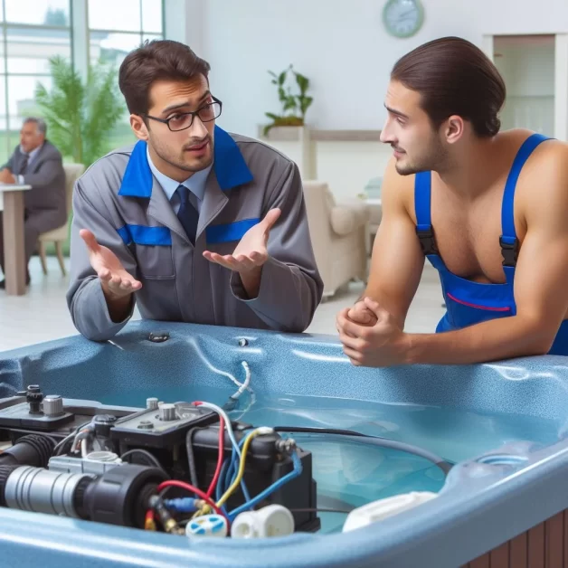 a man talking to a hot tub experts for troubleshooting the problem.