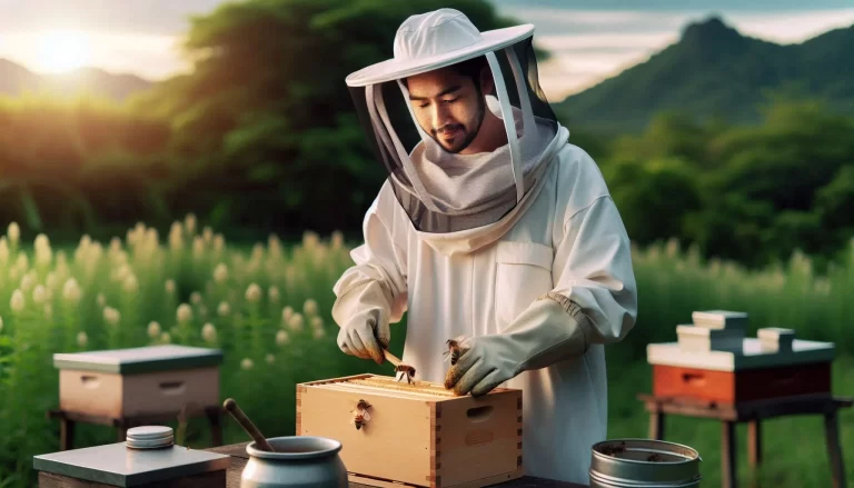 beekeeper man wearing 3-layer beekeeping suit in a beekeeping field with a pure natural atmosphere