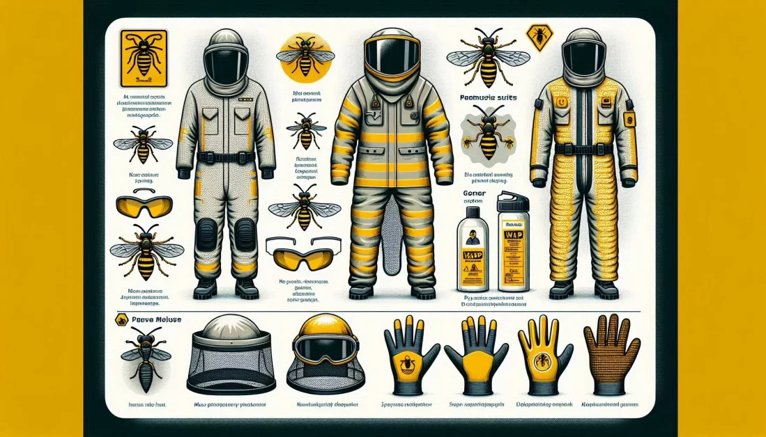 An infographic showing different types of wasp protective clothing. The image includes illustrations of a full-body wasp suit, a wasp jacket, and gloves. Each item is labeled with its name.