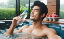 A man drinking water during using hot tub.