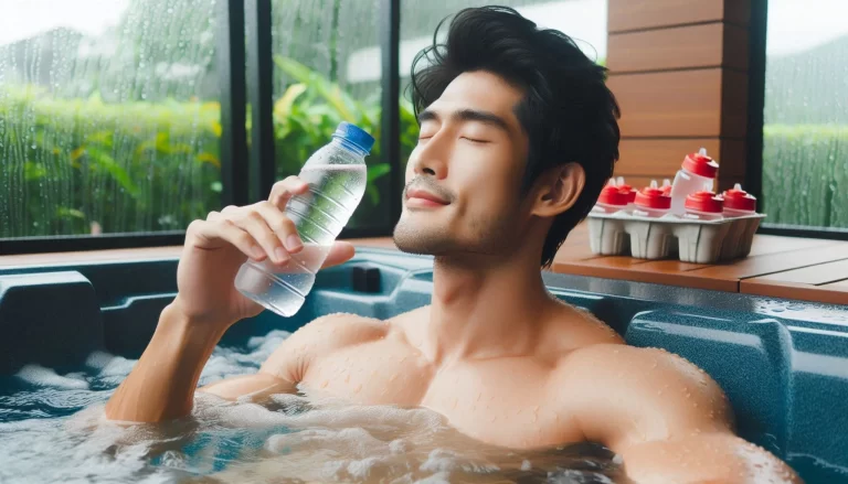 A man drinking water during using hot tub.