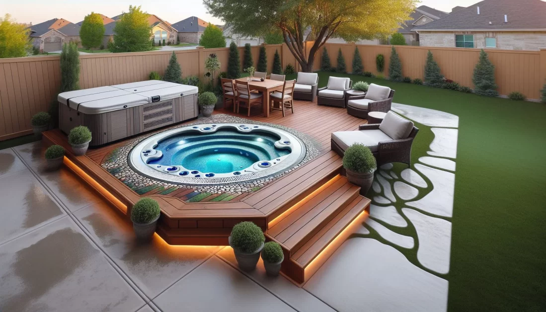 Personalized hot tub patio design featuring a luxurious hot tub, comfortable seating, and lush greenery, creating a serene.