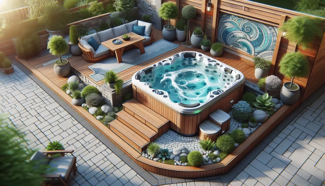 private outdoor retreat personalized hot tub patio design featuring a luxurious hot tub, comfortable seating, and lush greenery, creating a serene.