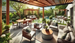 Wide-angle view of an outdoor patio featuring a variety of furniture materials including a wooden teak dining set, metal bistro set with cushions, woven rattan sofa, and a concrete coffee table, set against a lush garden backdrop.