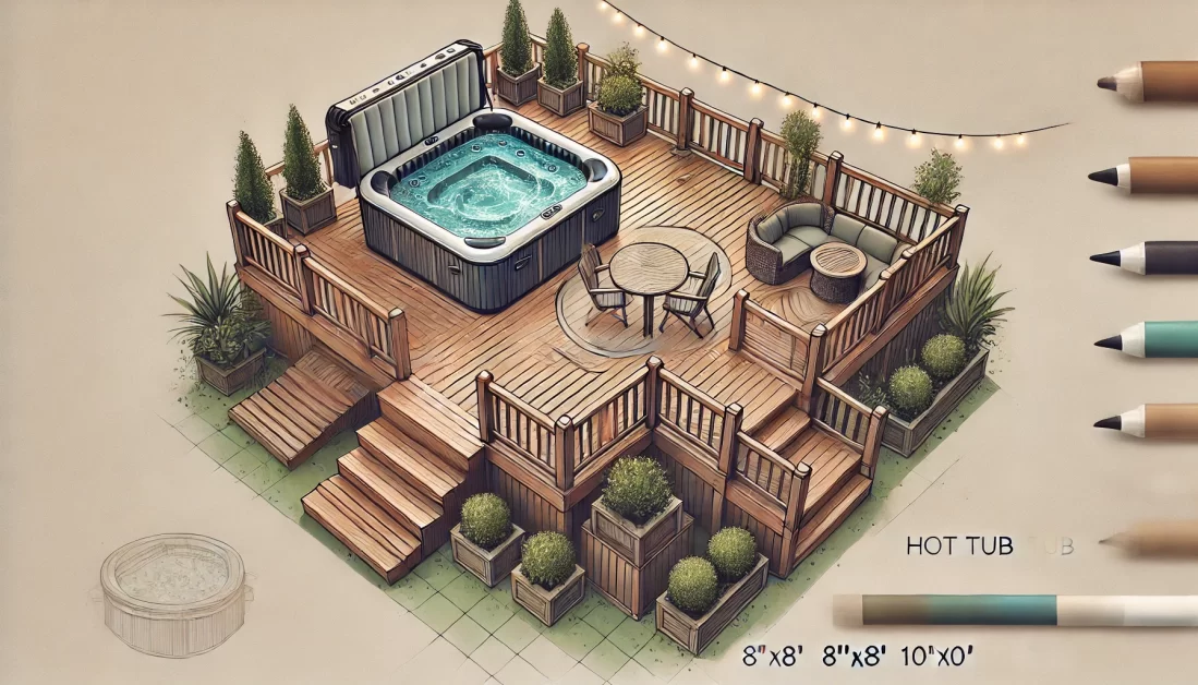 Illustration of a DIY wooden deck with an inflatable hot tub, featuring built-in steps, seating, and surrounding greenery.