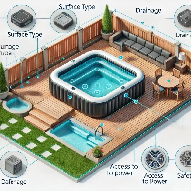 Diagram showing space planning for an inflatable hot tub, including surface type, drainage, power access, safety zone, and seating area.