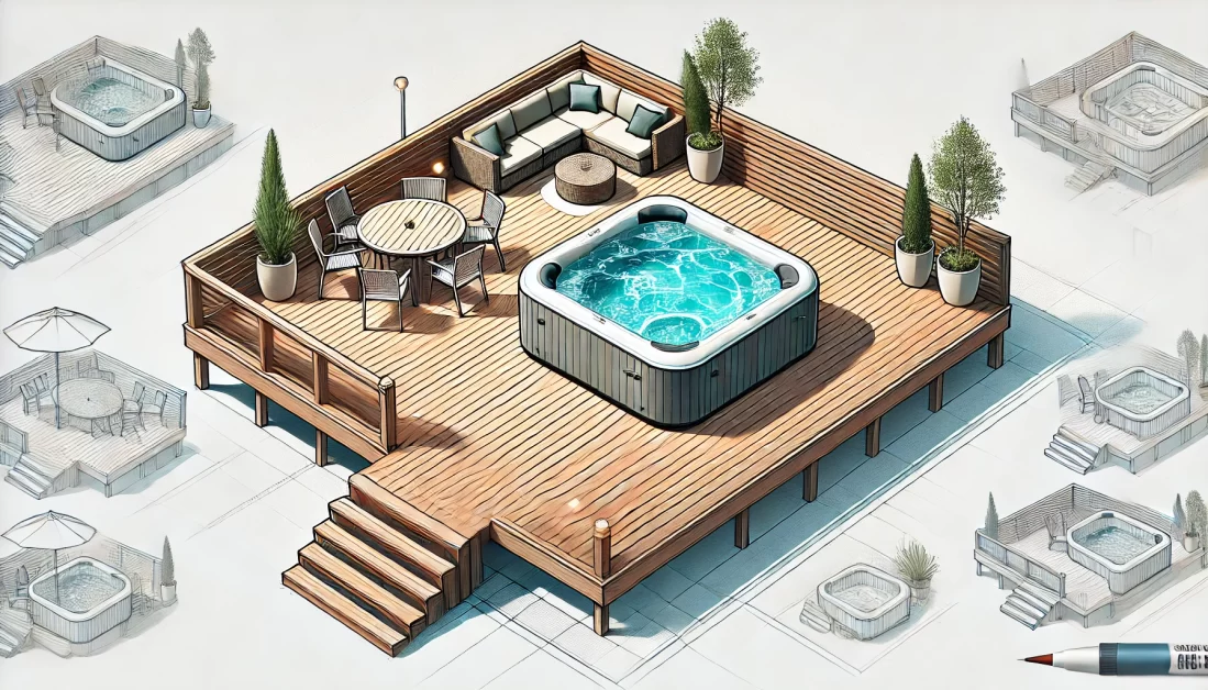 Illustration of a simple hot tub deck built using a pre-made deck kit, featuring a minimalist design, seating, and potted plants around an inflatable hot tub.