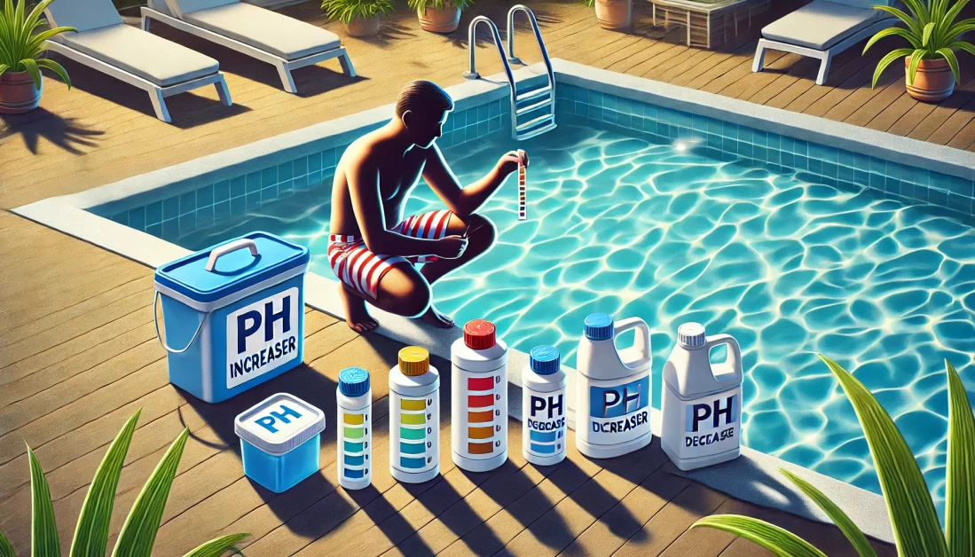 A person testing pool water with a test strip and water test kit, surrounded by pool chemicals on the deck, while preparing to balance the water chemistry.