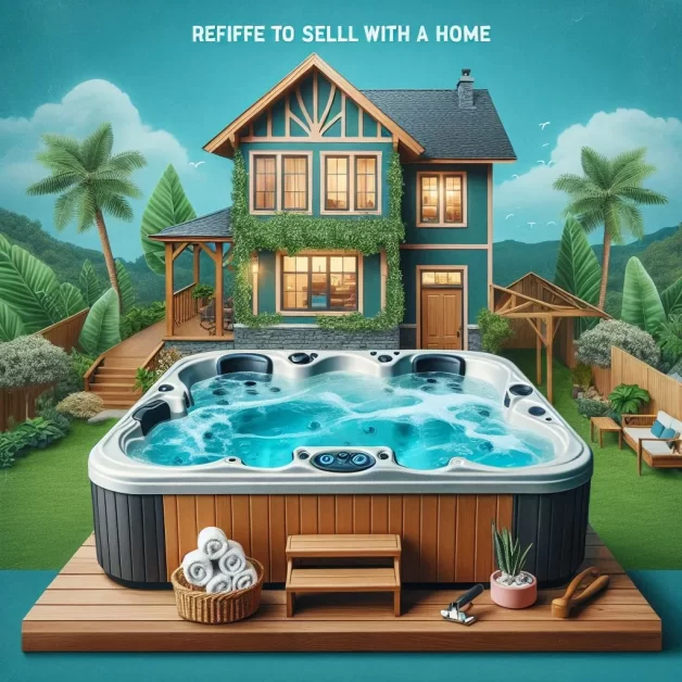 Digital artwork of a two-story house with a blue exterior and brown roof, surrounded by lush greenery. In the foreground, there’s a large hot tub on a wooden deck with steaming water and active jets. Beside the hot tub, towels are neatly rolled up in a basket, and there’s a small potted plant on the ground.