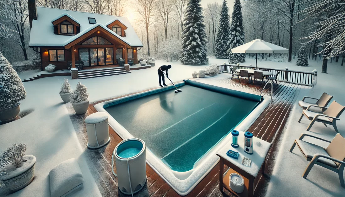 A winterized backyard pool covered with snow, featuring a well-fitted pool cover. A person brushes snow off the cover, and a water testing kit sits on a nearby table.