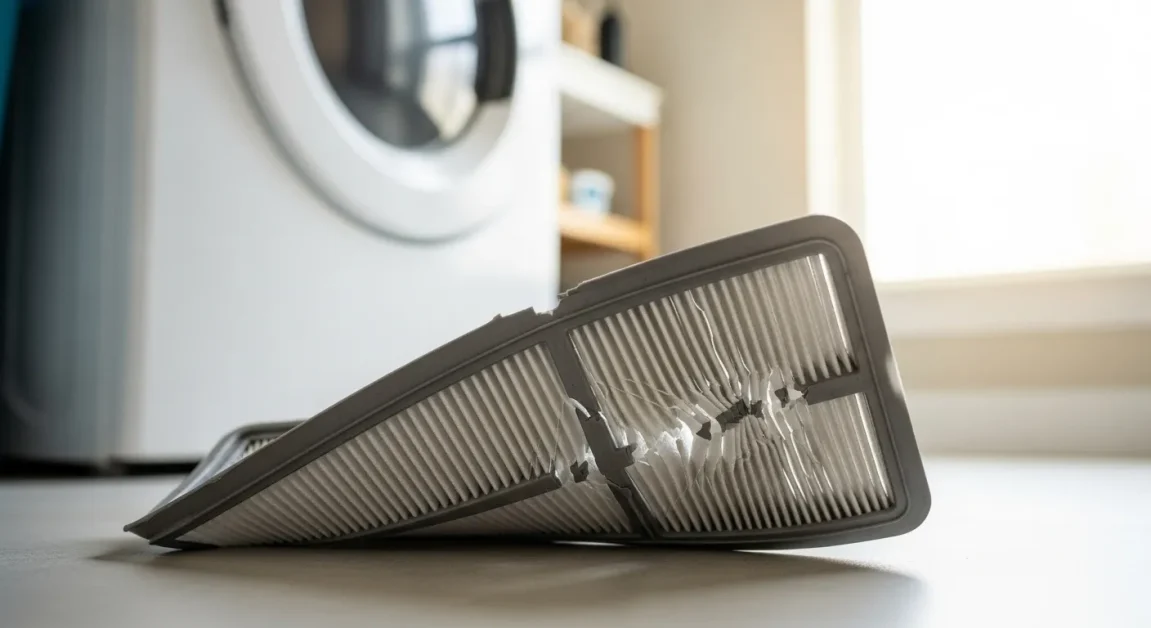 Damaged hot tub filter next to a washing machine.