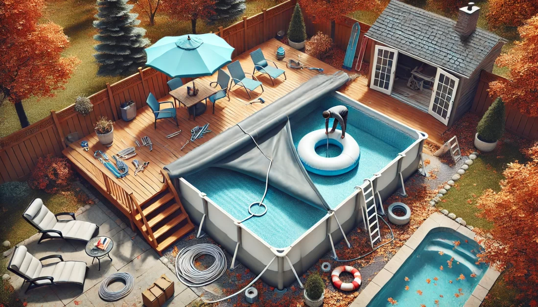 A backyard above-ground pool being closed for winter with a cover secured by a cable and winch system. A person is placing an air pillow under the cover, surrounded by autumn leaves.