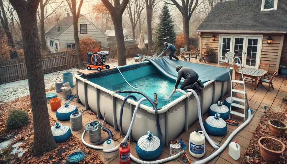 A backyard inground pool being closed for winter, with a cover secured by water bags and a person using an air compressor to blow out pool lines.