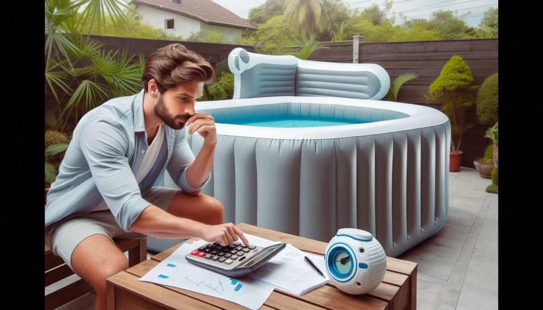 A person is sitting by an inflatable hot tub, using a calculator and examining papers with graphs and charts. A robotic pool cleaner is visible on the ground, indicating maintenance activities.