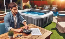 a man calculating the cost of an inflatable hot tub with a calculator in a home garden.