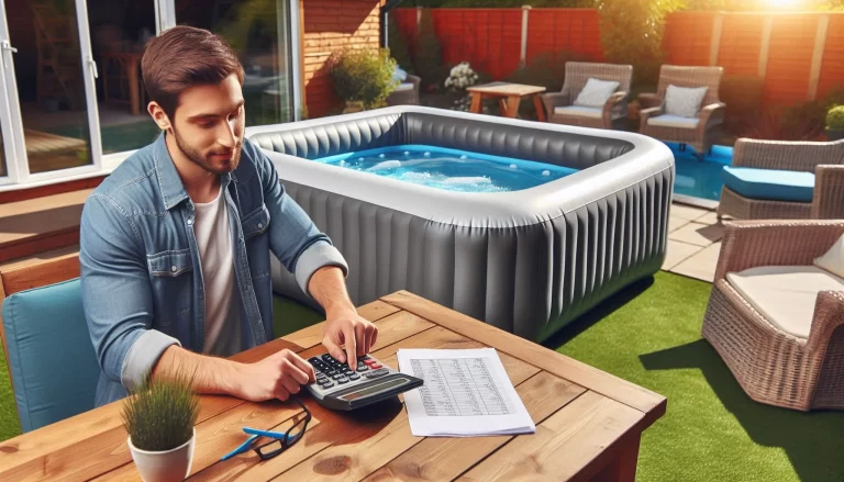 a man calculating the cost of an inflatable hot tub with a calculator in a home garden.