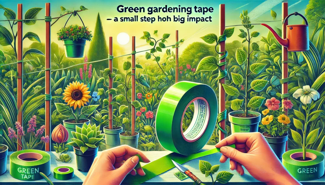 An illustration of a gardener using green gardening tape to support plants in a vibrant garden. The eco-friendly tape is shown tying stems to stakes and trellises, surrounded by lush green plants and colorful flowers. The title 'Green Gardening Tape – A Small Step with Big Impact' is prominently displayed. 