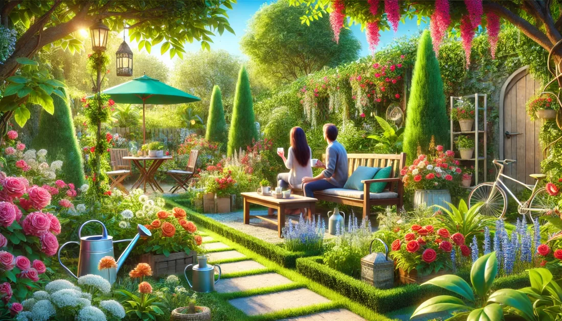 A serene garden filled with lush green plants and vibrant flowers, with a couple sitting on a garden bench enjoying coffee together. The garden is well-maintained with neatly trimmed hedges, colorful blooms, and garden accessories like a watering can and birdhouse. 