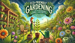 A wide-angle view of a vibrant garden filled with lush green plants and colorful flowers. A gardener is seen planting a sapling, using eco-friendly gardening tools like a watering can and a compost bin. The background shows a bright sunny day with a clear blue sky. The title 'Eco-Friendly Gardening: A Guide to Sustainable and Green Practices' is prominently displayed in elegant green lettering.