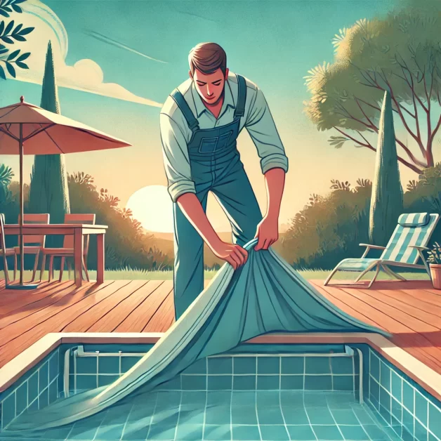 A man placing a cover over a swimming pool in a backyard, ensuring it is secure and clean. The background features trees and a clear sky. He is dressed in casual clothing suitable for outdoor work.