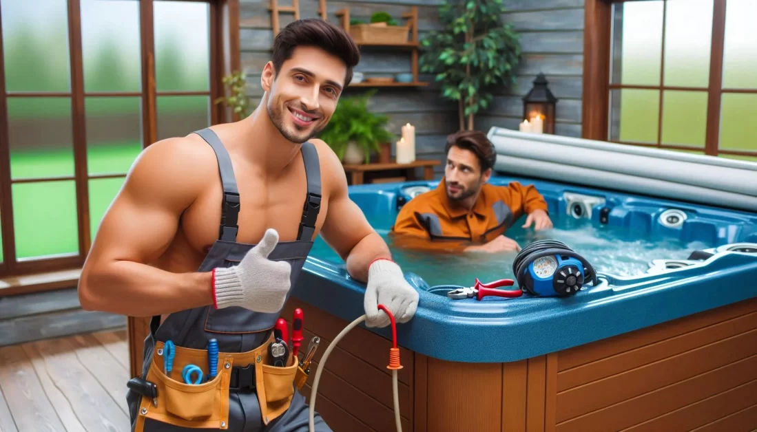 A technician  with a tool belt giving a thumbs-up sign next to an outdoor hot tub under maintenance, with another person observing from inside the tub.