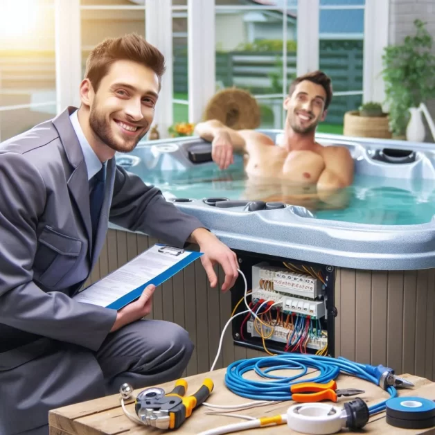 A technician in a business suit performing maintenance on an open hot tub control panel, with tools laid out nearby, while another individual relaxes in the hot tub.