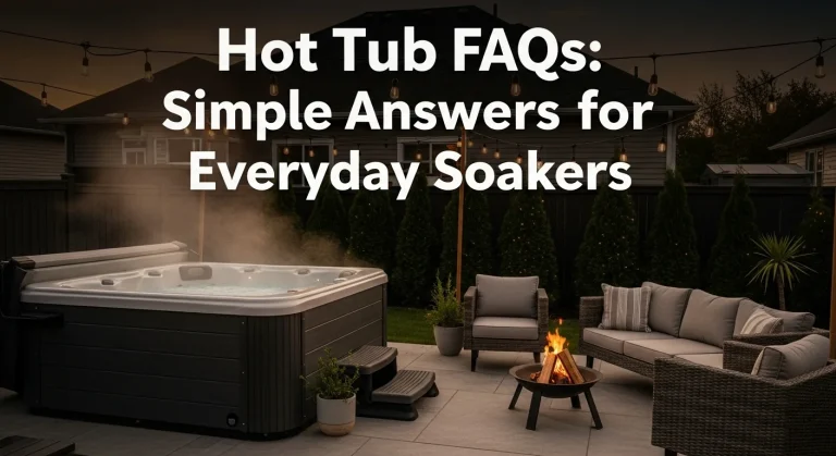 Featured image of a cozy backyard hot tub at sunset with text overlay 'Hot Tub FAQs: Simple Answers for Everyday Soakers'.