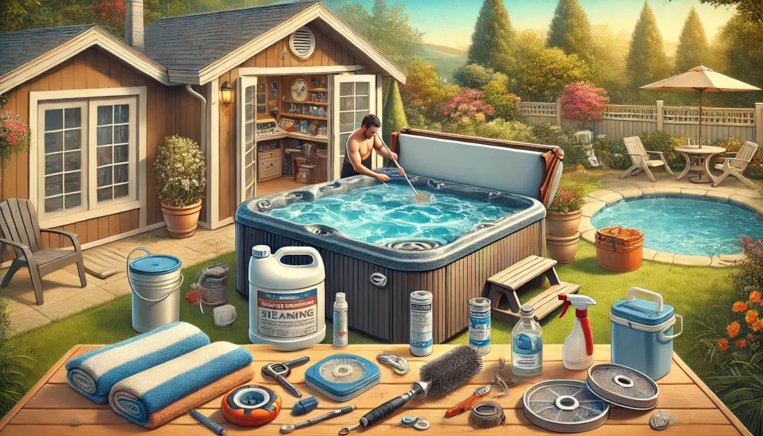 A well-maintained hot tub in a backyard being cleaned by a person with a brush and cleaning solution. Maintenance tools like a water testing kit and towels are nearby, with a shed and a garden in the background.