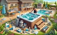 A person cleaning a hot tub in a backyard using a brush and cleaning solution, with maintenance tools such as a water testing kit and filter nearby. The background features a shed and a garden with blooming flowers.