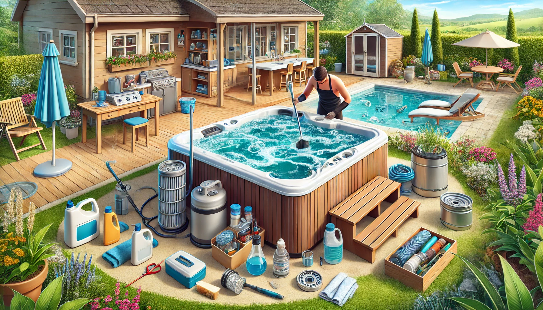 A person cleaning a hot tub in a backyard using a brush and cleaning solution, with maintenance tools such as a water testing kit and filter nearby. The background features a shed and a garden with blooming flowers.