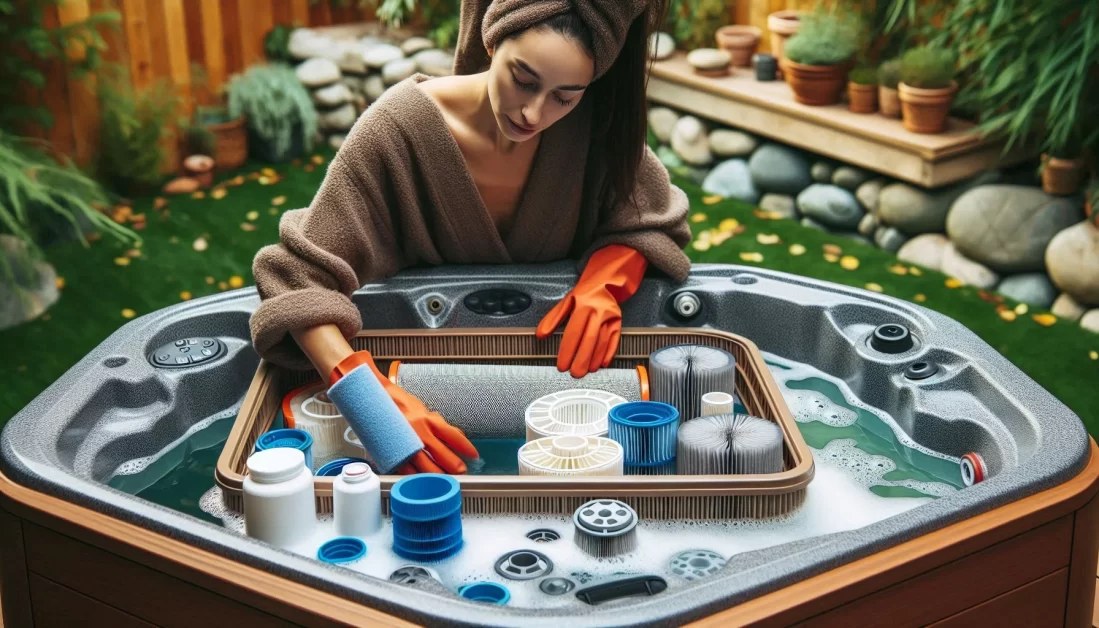 A woman cleaning hot tub filter. 