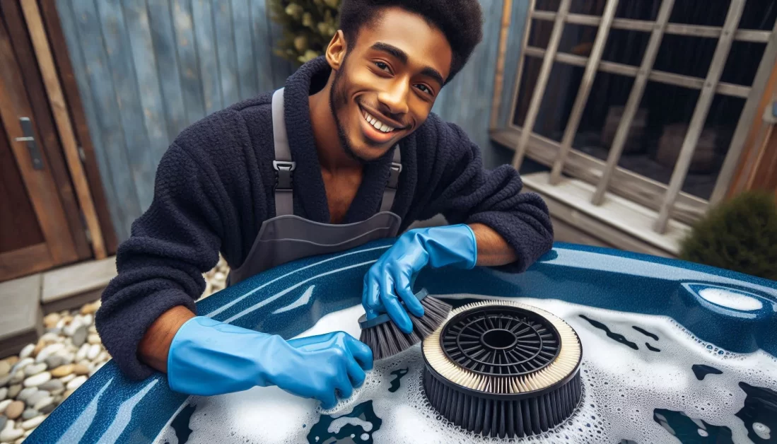 A man cleaning hot tub filter.