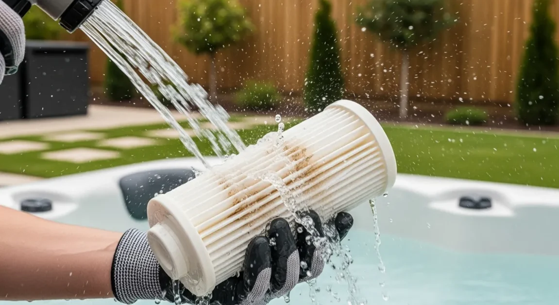 Rinsing a hot tub filter cartridge with a garden hose.