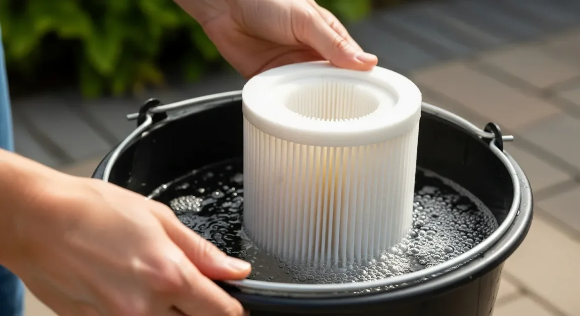 Soaking a hot tub filter cartridge in a natural home remedy solution.