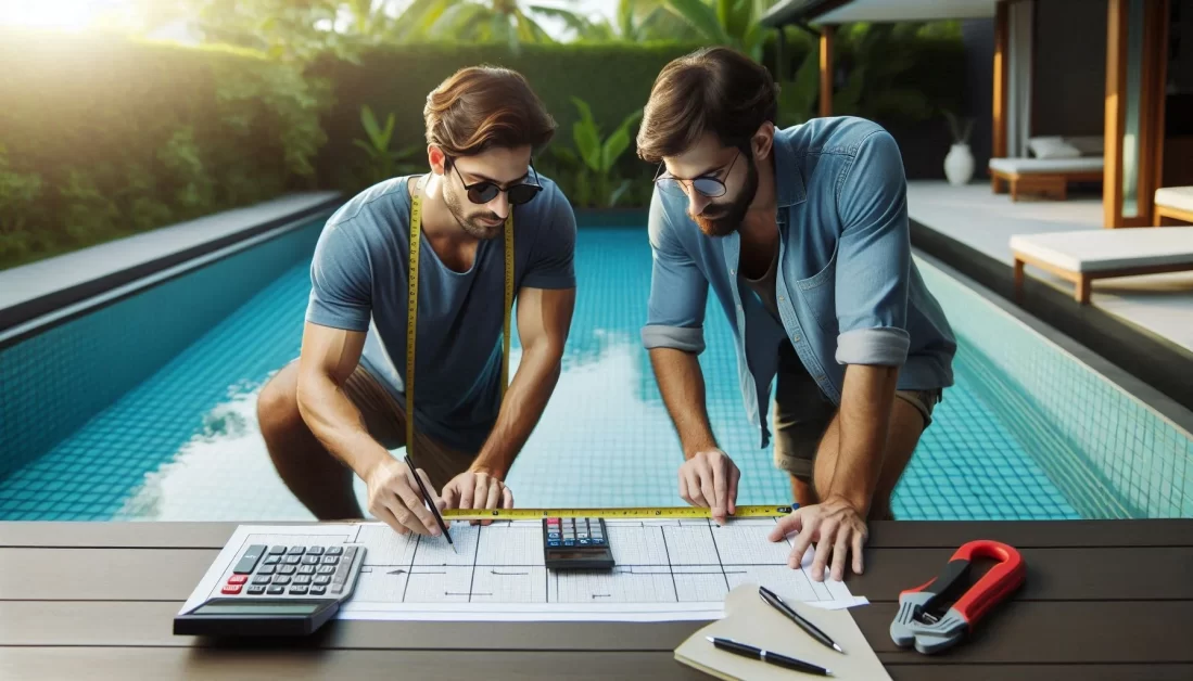 Two men measuring a pool with a tab and a calculator placed on a table beside the pool.