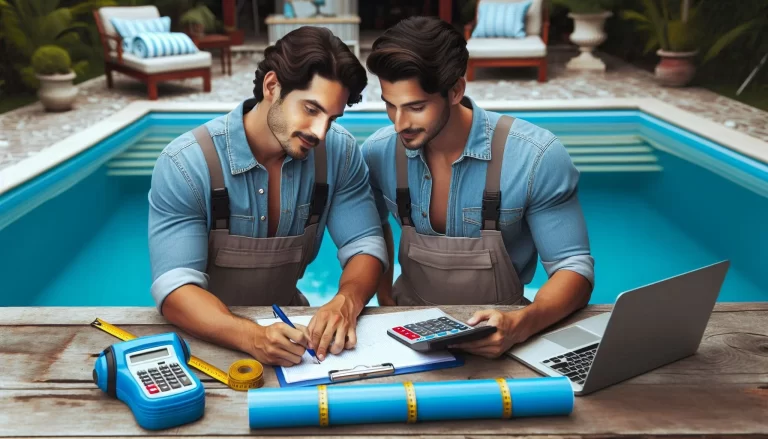 Two men measuring a pool with a tape measure, with a calculator placed on a table beside the pool. They appear focused and are working together on the measurements.