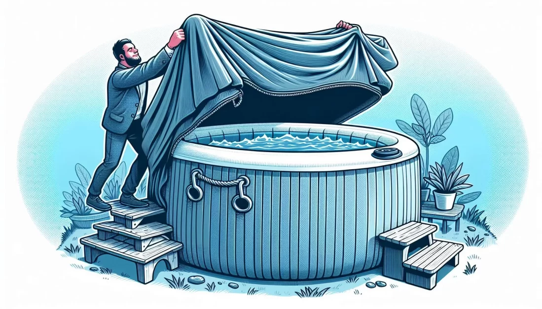 An illustration of a man removing the cover from a inflatable hot tub.