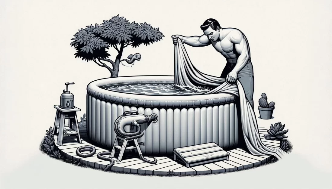 An illustration of a man removing the cover from a smaller inflatable hot tub.