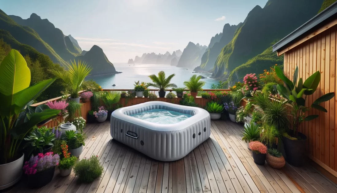 A serene balcony with a hot tub overlooking a majestic mountainous landscape. The balcony is adorned with lush green plants and vibrant flowers, creating a tranquil retreat.